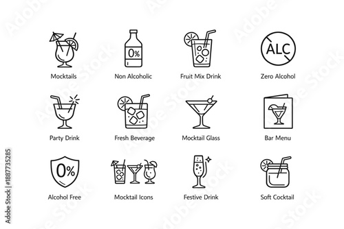 Mocktail icons set with non-alcoholic drink symbols and bar menu graphics