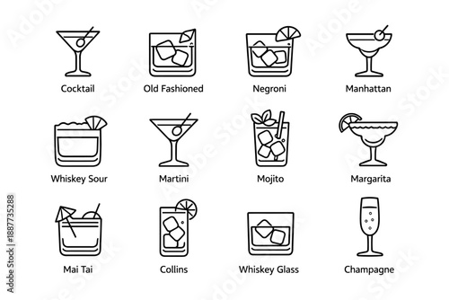 Collection of classic cocktails with icons of popular mixed drinks