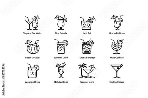 Tropical cocktails icons collection: pina colada, mai tai, exotic beverages