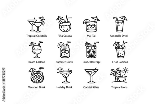 Tropical cocktail icons collection: pina colada, mai tai, beach drinks, summer refreshments