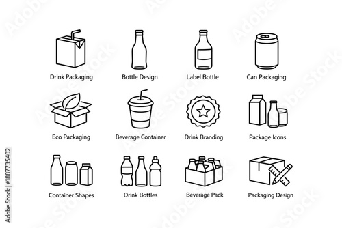 Assorted beverage packaging designs and icons