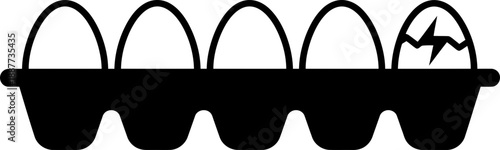 Egg carton with five eggs, one cracked. Broken egg in a container. Food concept. Black white flat vector illustration for icon