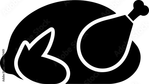 Roasted whole chicken or turkey silhouette with drumstick. Food prepared for holiday dinner. Vector icon for menu, restaurant