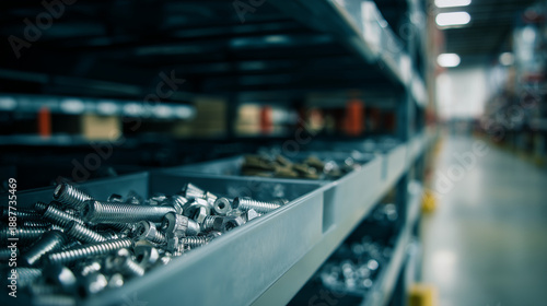 hardware store / warehouse aisle with metal shelves filled with bolts, screws, nuts and washers, close-up focus on the front row of shiny metal fasteners, stacked neatly in bins, l