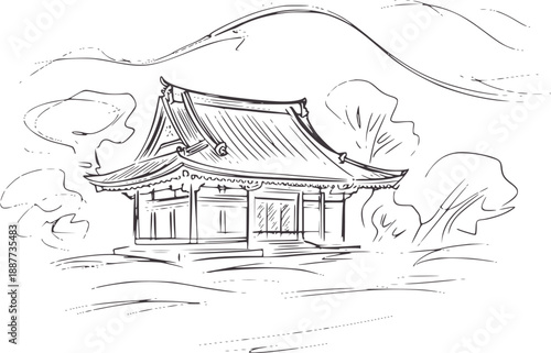 Minimalist of a traditional Japanese temple building with surrounding trees and hills