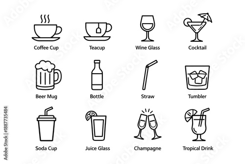 Black and white beverage icons: coffee to cocktails with cups and glasses