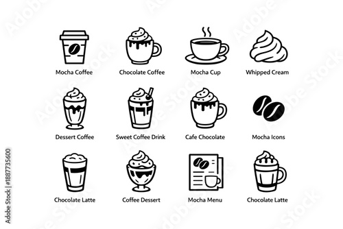 Mocha and coffee icon set featuring cups, drinks, cream, and menus