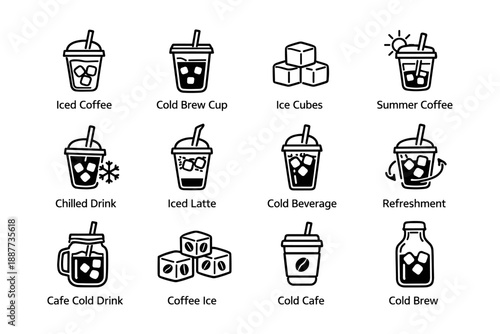 Iced coffee icons: cold brew cups, ice cubes, refreshing drinks for summer