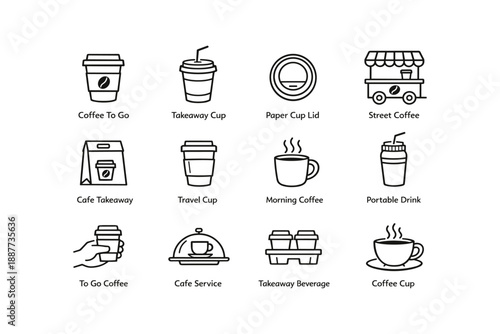 Coffee icons: takeaway, cups, street cart, cafe service
