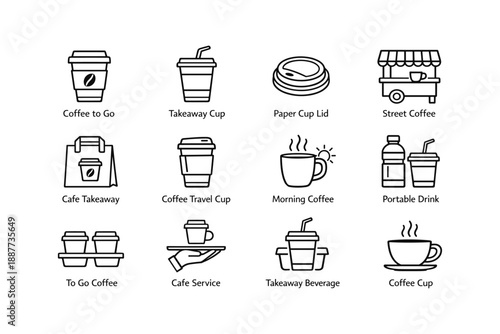 Coffee icons: takeaway cups, street coffee stands, and cafe services