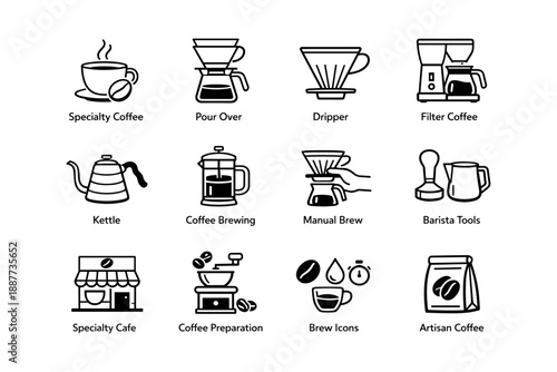 Coffee brewing equipment icons: dripper, kettle, barista tools, grinder, coffee bag