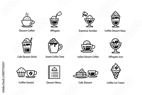 Dessert coffee variations: affogato, espresso sundae, and sweet treat icons