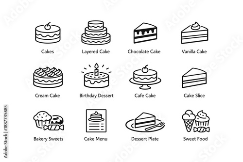 Variety of cake icons with desserts, sweets, and food illustrations