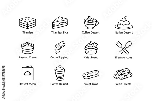 Tiramisu icons: coffee dessert, italian sweets, layered cream, cocoa topping, cafe style