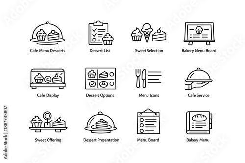 Cafe menu desserts and icons for bakery display and service