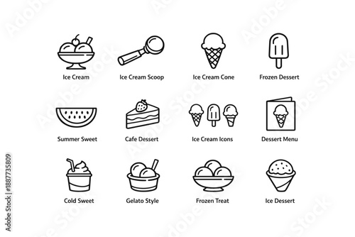 Ice cream icons collection: cones, scoops, gelato, and frozen desserts