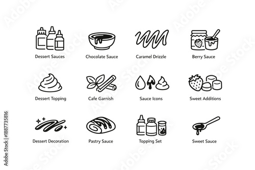 Sauce and topping icons: chocolate, caramel, berry, pastry, dessert decorations