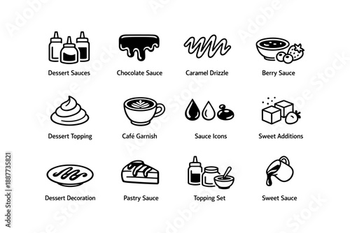 Variety of dessert sauces and toppings with drizzle and garnish icons