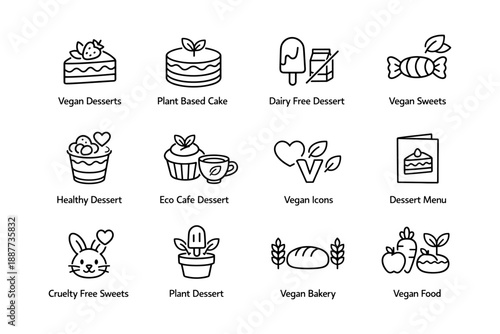 Vegan dessert icons collection featuring cakes, ice cream, and sweets