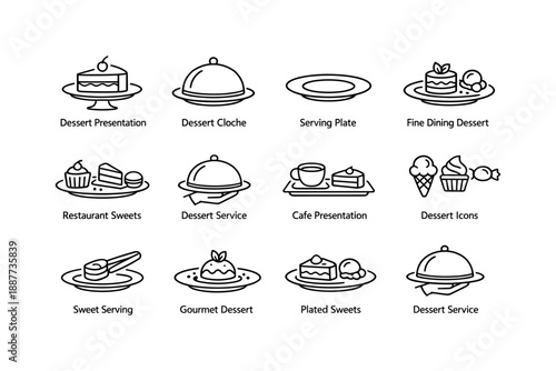 Assorted dessert icons collection featuring cakes, ice cream, and confectionery illustrations