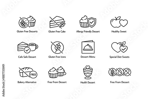 Gluten free and allergy friendly dessert icons set