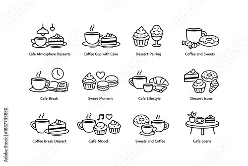 Cafe desserts and coffee icons collection for sweet moments and relaxing atmosphere