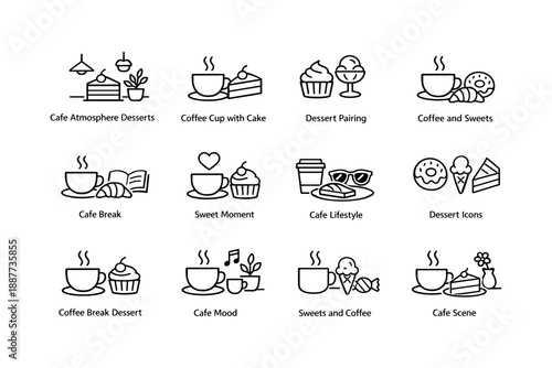 Cafe icons featuring coffee cups desserts and cafe scene elements