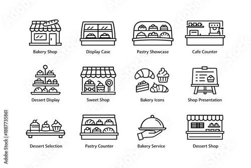 Bakery and pastry shop icons set including display cases and dessert selection
