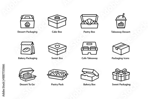 Various dessert and bakery packaging icons including cake box and takeaway options