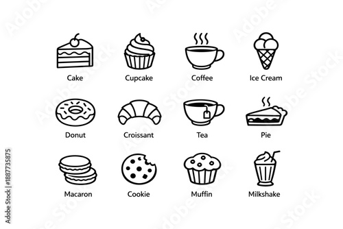 Vector line art of various desserts and beverages