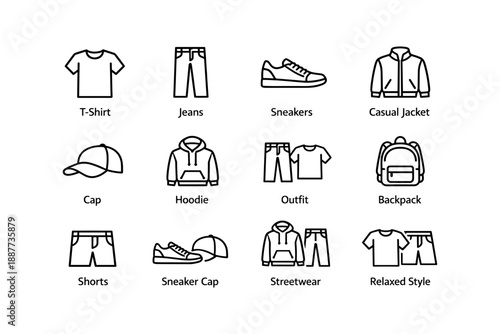 Outline icons of casual clothing and accessories: t-shirt, jeans, sneakers, jacket