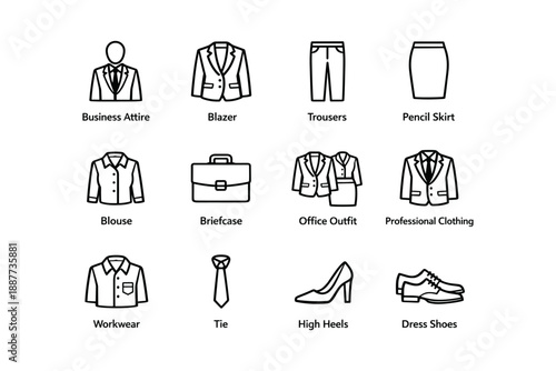 Business attire icon set: blazer, trousers, pencil skirt, blouse, briefcase, office outfit