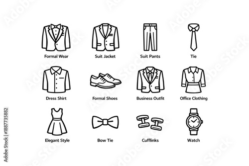 Collection of formal and business attire icons: suits, ties, shoes, and accessories