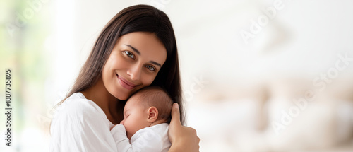Latina Hispanic mother holding her newborn baby close to her cheek, soft loving smile, baby calm and safe in her arms, bright airy home interior with warm window light, white beddi