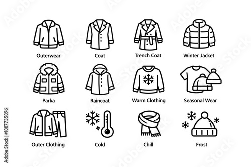 Various outerwear icons: coats, jackets, and seasonal clothing illustrations