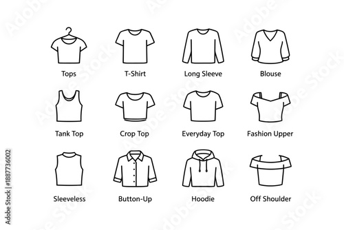 Variety of women's upper garments: tops, t-shirts, blouses, tank tops, hoodies