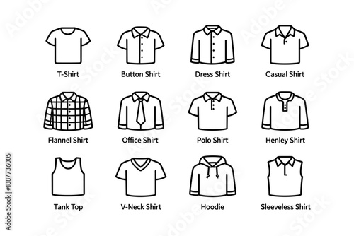 Various shirt types illustrated - t-shirt, button, dress, flannel, polo, hoodie, more