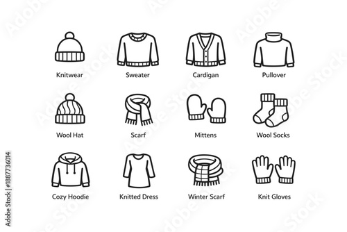 Line icons of winter knitwear fashion: sweater, cardigan, hat, hoodie, scarf, mittens, and socks