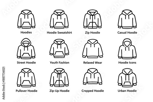 Icon set of various hoodie styles including zip, pullover, and cropped designs