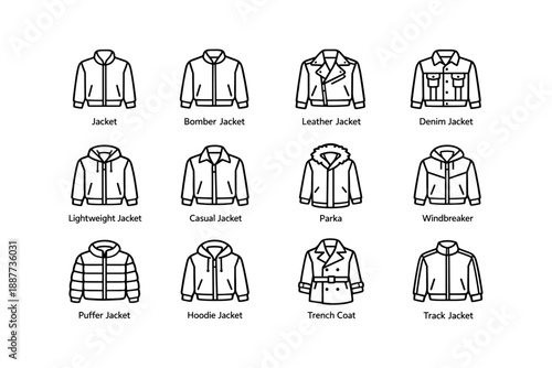 Variety of stylish jackets illustrated: bomber, leather, denim, parka, windbreaker, hoodie, trench