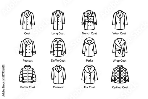 Different types of coats: trench, peacoat, parka, overcoat, and more illustrated