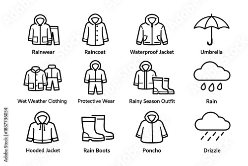 Rainwear icons illustrating raincoat, waterproof jacket, umbrella, and other wet weather clothing