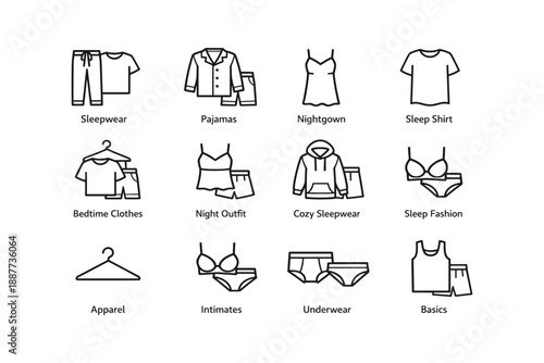 Sleepwear and apparel icons: pajamas, nightgown, underwear, basics, night outfit