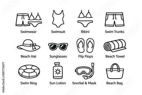 Essential beach gear icons: swimwear, accessories, sun protection, snorkeling equipment