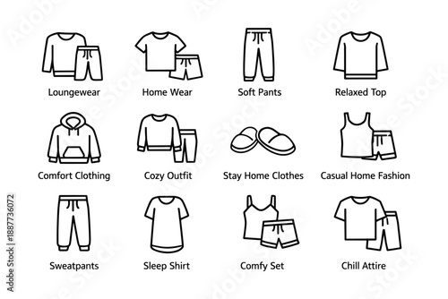 Comfortable loungewear collection with tops, pants, and cozy sleepwear icons