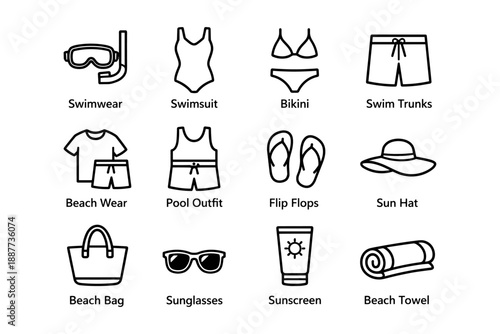Beach essentials icons: swimwear, swim trunks, sunglasses, beach bag, towel