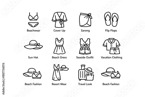 Beachwear icons: swimsuits, sarong, flip flops, sun hat, beach dress, seaside outfit, travel look