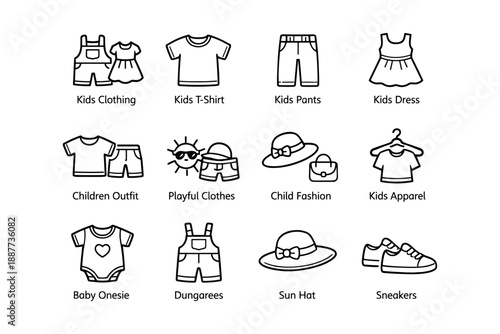 Children's clothing icons: outfits, pants, dresses, hats, and shoes