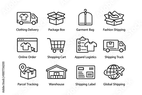 Icon set of clothing delivery and logistics services