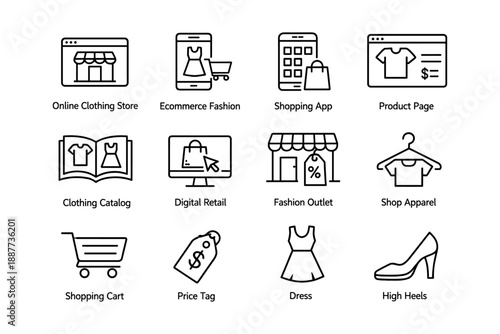 Icon set featuring online clothing store, ecommerce fashion, shopping app, digital retail, fashion outlet